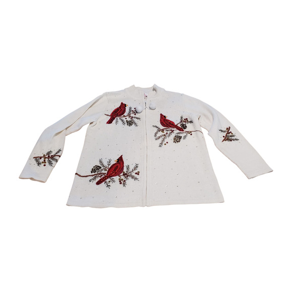 Quacker Factory Sweater Christmas White Zip Cardigan Sequin Cardinals sz 8 - Picture 1 of 15